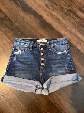 KanCan Dark Blue Distressed High-Rise Denim Shorts